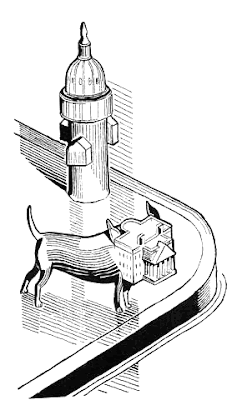 Black and white line drawing of a dog whose head is the White House next to a fire hydrant whose top is shaped liek the U.S. Capitol building