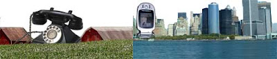 Collage of a farm and a city with a dial phone part of the farmscape and a cell phone part of the cityscape