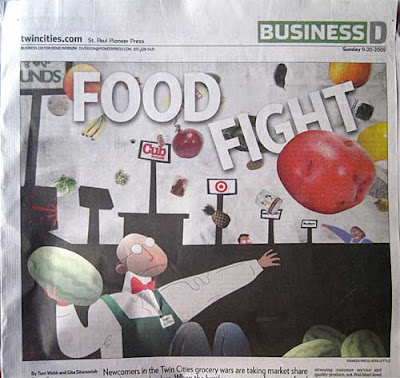 Collage and artwork of grocery clerks throwing food, headline Food Fight on angles amid the food