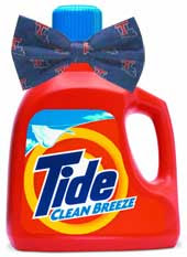 Red bottle of Tide detergent wearing a blue bowtie