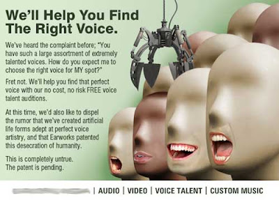 Ad with headline We'll help you find the right voice, over a picture of eyeless, smooth featured dummies with real open mouths Photoshopped onto each head