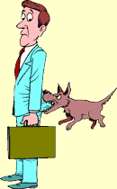 Cartoon of a guy being bitten in the butt by a dog