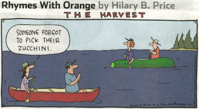 Cartoon of people paddling a canoe, seeing another couple paddling a huge green vegetable, and commenting Someone forgot to pick their zucchini