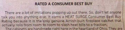 Close up of ad text claiming the fireplaces earned a Consumer Best Buy Rating