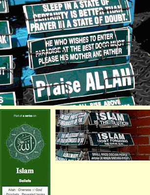 Several photos showing various Islamic bumper stickers in green with white type