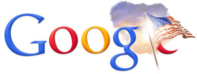 Google logo with American flag and shining sun