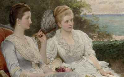 Charles Edward Perugini - The Countess Granville with her daughters, the Ladies Victoria and Mary Leveson-Gower, on the ramparts of Walmer Castle (detail)