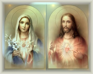 Beautiful drawing art photo of sacred heart of Jesus Christ and immaculate heart of Mary