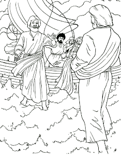 Jesus walking on water towards Peter and twelve apostles Christian bible sermon coloring page for children picture