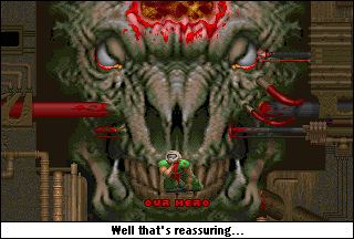 The most ironic thing about this picture is that it's actually the final image you see after beating the game. Your ultimate reward is to watch your throat spontaneously burst. Thanks, Doom. The end.