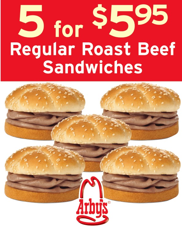 Coupon STL Arby's 5 for 5.95 Regular Roast Beef Sandwiches