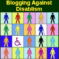 Blogging Against Disablism Button; a large square button with many smaller panels showing a variety of human figures in a rainbow of colors against a rainbow of backgrounds