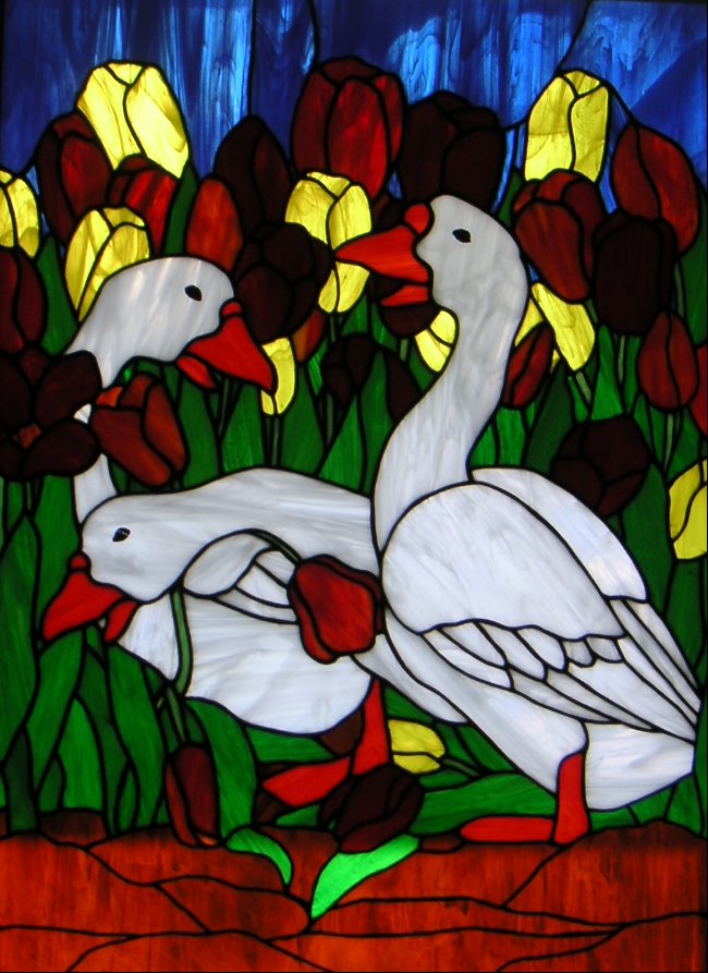 geese in tulips stained glass