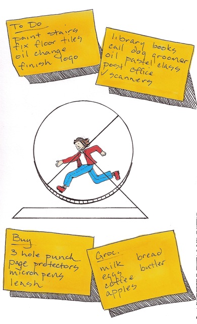 drawing of a woman running inside a hamster wheel 
