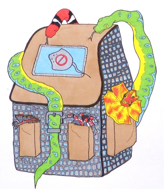 ink and marker drawing of a backpack filled with snakes and reptiles