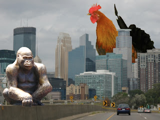 Minneapolis skyline with a giant rooster and gorilla