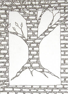tree outline on a brick wall ink drawing