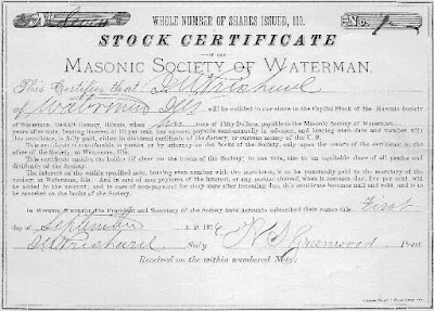 Stock certificate of the Masonic Society of Waterman, USA