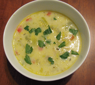amaranth, quinoa, and corn chowder, adapted from Whole Grains Every Day, Every Way by Lorna Sass