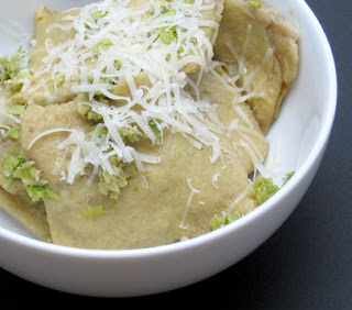 mixed greens whole wheat ravioli with green garlic pesto