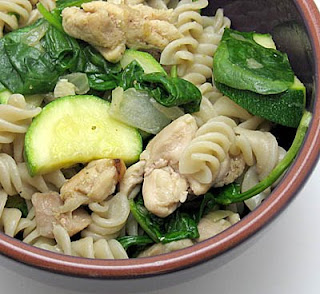 brown rice pasta with chicken, zucchini, and spinach