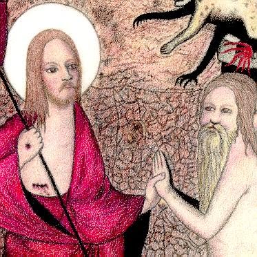 Christ in Purgatory, 14th cent. Gothic painting, Master of Westphalia, redrawn by Debra Worth.