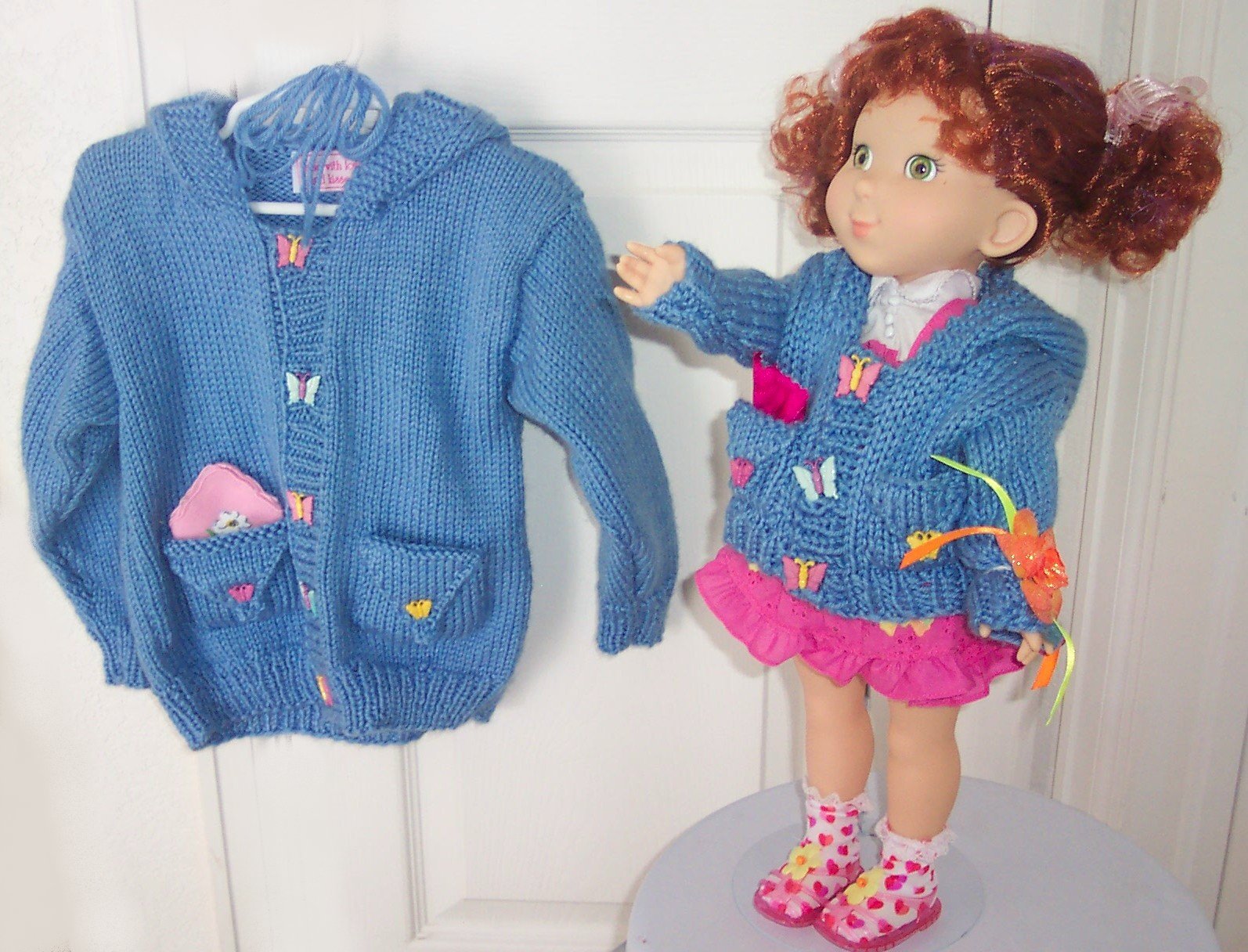 Unique Green Couture Two Sweater Hoodies for a Little Girl and Her Doll