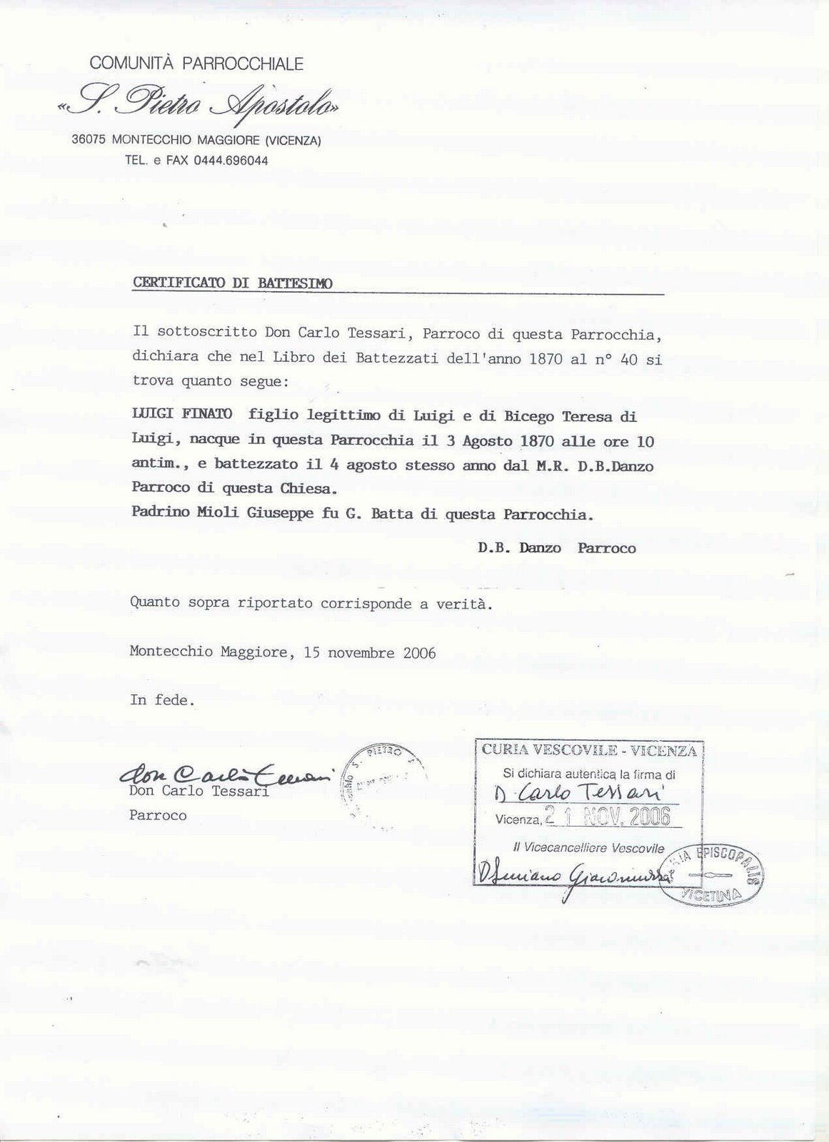 CERTIDÃO DE BATISMO DE LUIGI FINATO