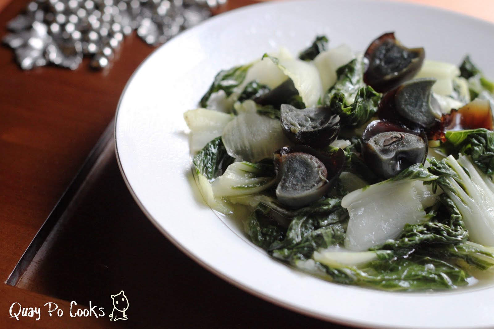 Quay Po Cooks Stir fry Baby Bok Choy with quail century eggs