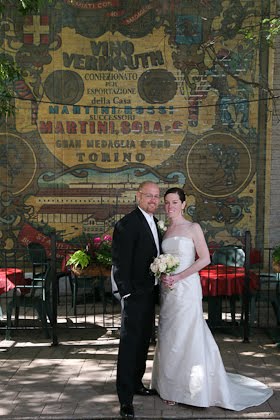 Clare and Artie outside Scoozi restaurant before their wedding in downtown Chicago