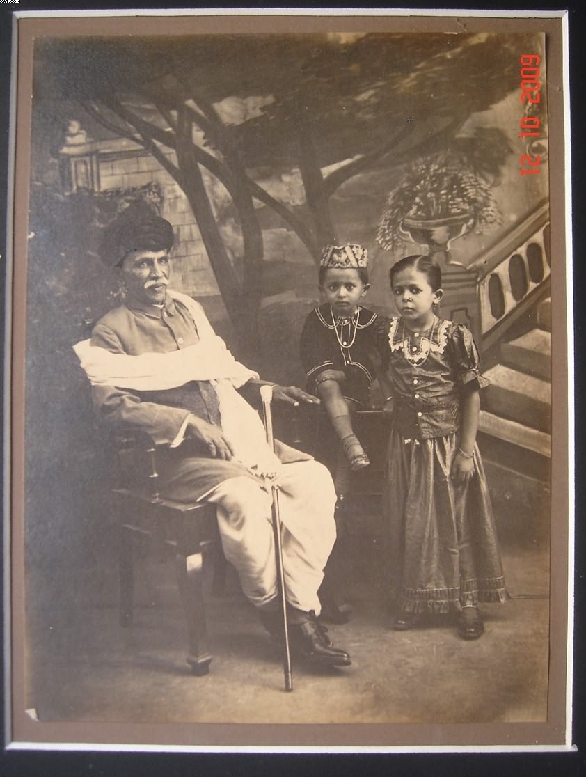 Grandfather and Two Young Kids - Vintage Indian Photograph, Date Unknown