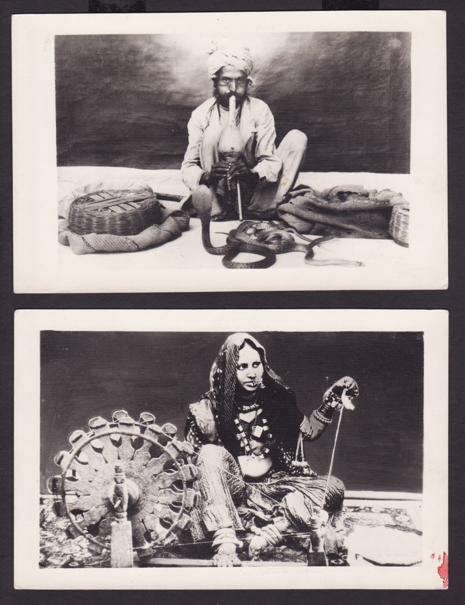 Two Postcards - Snake Charmer and Woman Spinning Wheels