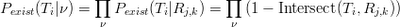  ∏ ∏ Pexist(Ti|ν) = Pexist(Ti|Rj,k) = (1 - Intersect(Ti,Rj,k)) ν ν 