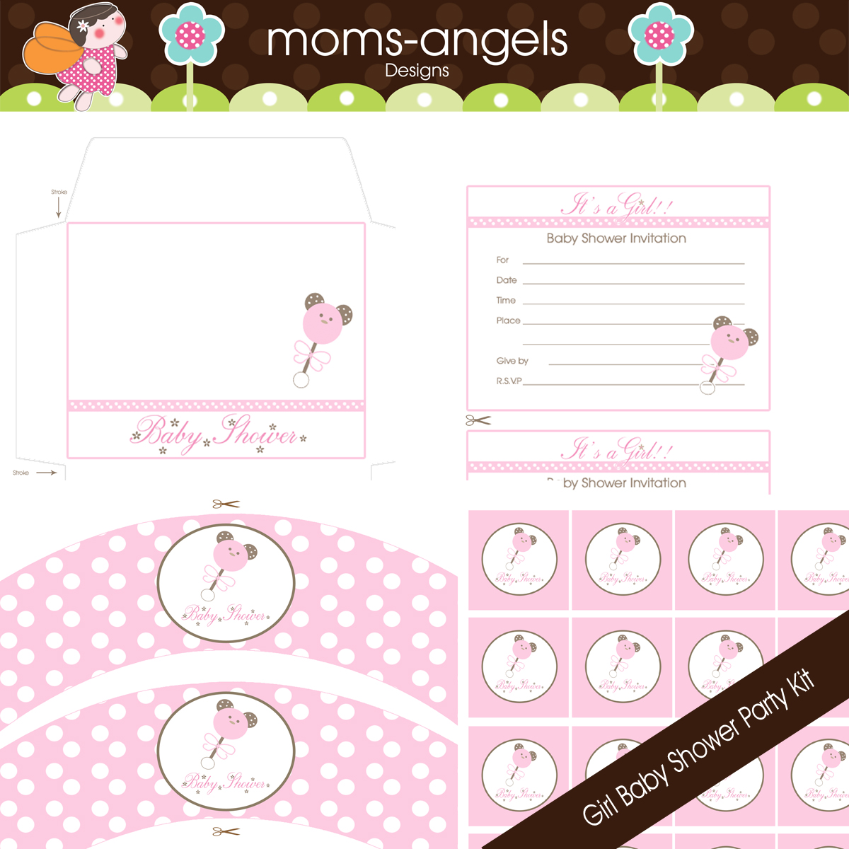 Moms Angels Graphic Designs Girl Baby Shower Party Kit