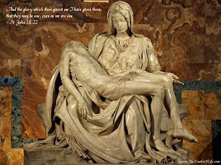 And the glory which thou gavest me I have given them; that they may be one, even as we are one. - St. John 18..22 verse with Jesus in Mary lap background