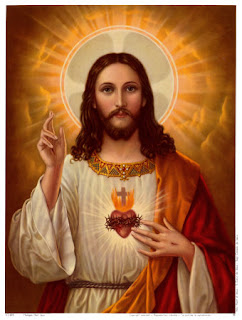 Jesus Christ sacred heart and big lighting around Jesus christ head image