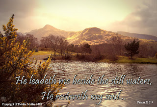 He leadeth me beside the still waters, he restoreth my soul Psalm 23:2-3 bible verse nature background with Christian bible verse greeting ecard image