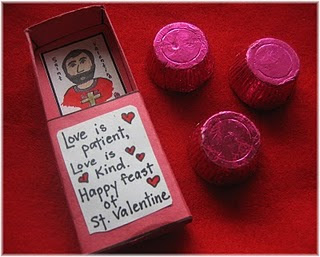 Matchbox decorated and reading "love is patient, love is kind. Happy feast of Saint Valentine"