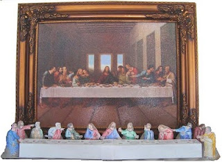 Paper diorama of Last Supper next to Last Supper painting