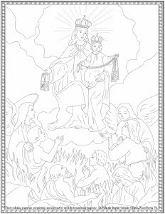 Coloring sheet of Our Lady of Mt. Carmel on the mount with angels