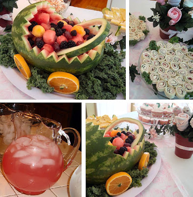 Display of watermelon made into a basket with fruit in it and a pitcher of pink lemonade