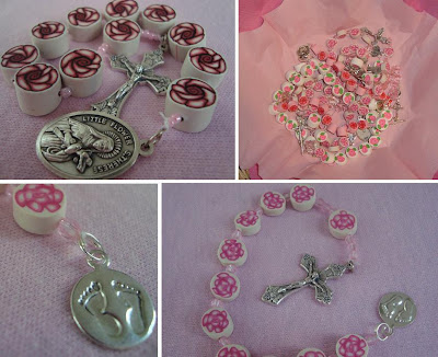 Clay rosary with rose patterned beads and baby feet medallion