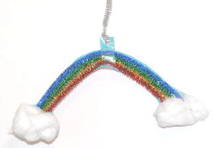 Rainbow pipe cleaners with cotton ball clouds and a pipe cleaner hanger