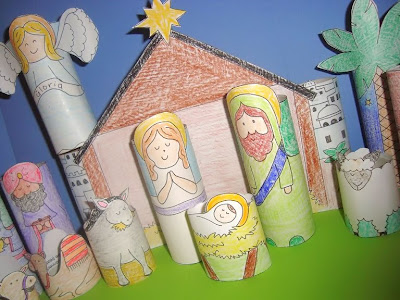 Paper standees in a Nativity scene