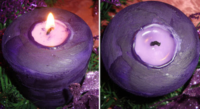 Purple crayon wax coated candle lit and unlit