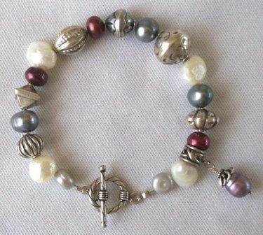 Chunky white, mauve and grey pearl and bali silver bead bracelet - $34