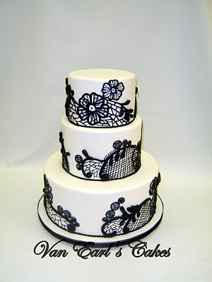Black White Lace Wedding Cake A three tier round cake designed in black 