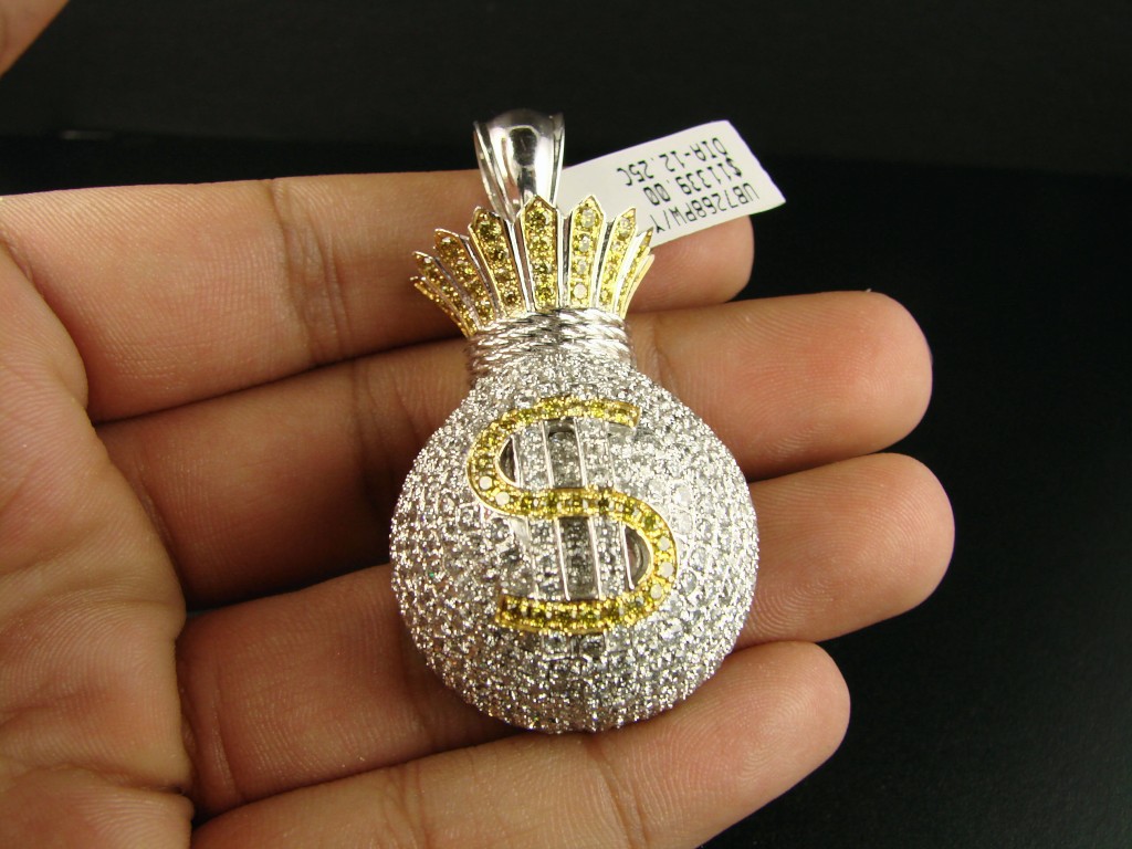 new_york_jewels 14K MENS MONEY BAG CANARY LARGE DIAMOND PENDANT 14.0 CT