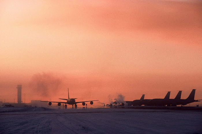 Early Morning Flight Operations for KC-135 Tanker Aircraft at Eilson AFB, Alaska in Mid February