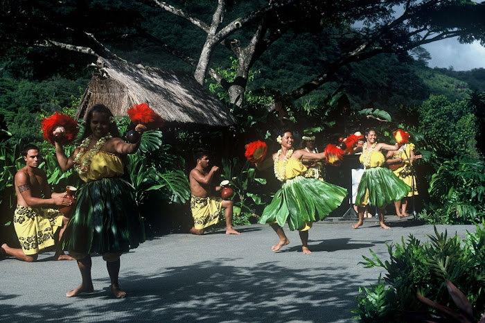Polynesian dancers of Wamaia Bay Park on Hawaii's north shore.